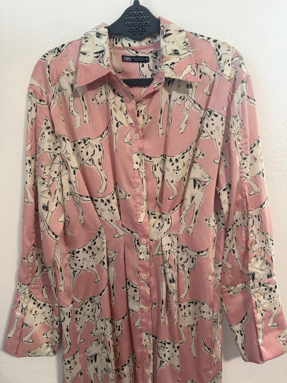 Zara Pink Dalmatian Dog Print Satin Shirt Dress Midi Long Sleeve XS - Picture 3 of 16
